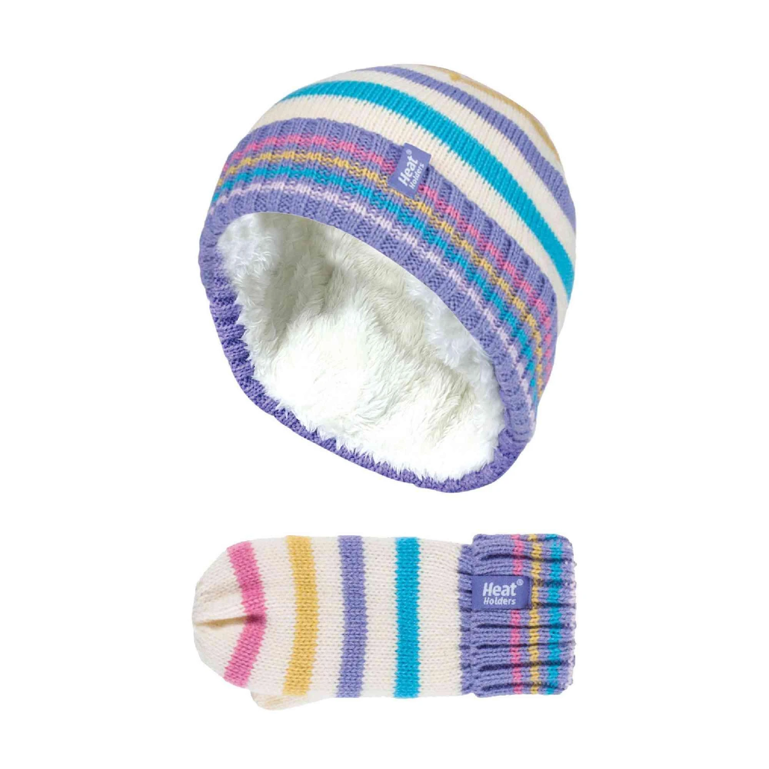 Kids Fleece Lined Knitted Striped Colourful Winter Thermal Hat And Mittens Set 3 Kids Fleece Lined Knitted Striped Colourful Winter Thermal Hat And Mittens Set