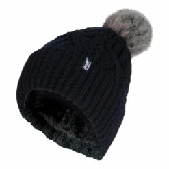 Ladies Ribbed Cuffed Pom Pom Bobble Beanie Hat With Fleece Lining