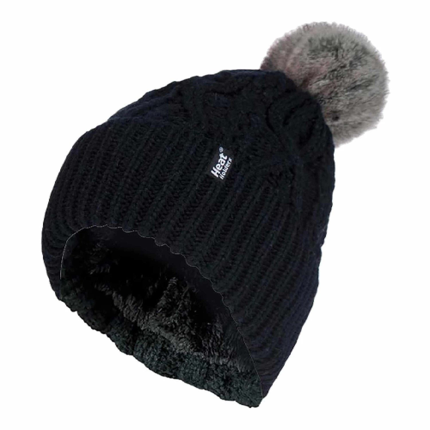 Ladies Ribbed Cuffed Pom Pom Bobble Beanie Hat With Fleece Lining 3 Ladies Ribbed Cuffed Pom Pom Bobble Beanie Hat With Fleece Lining