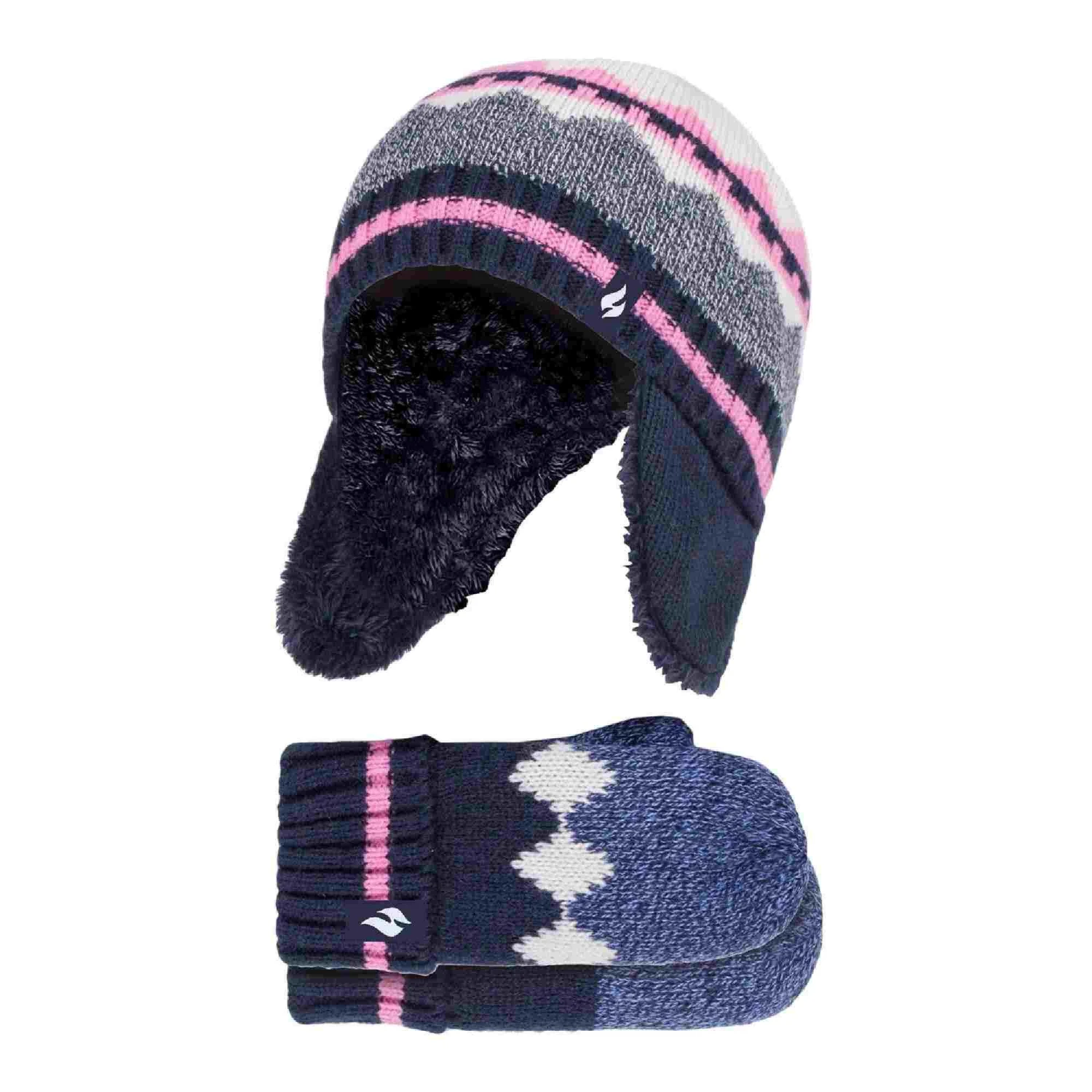 Girls Nordic Pattern Trapper Hat With Pom Pom And Mittens Set 5 Girls Nordic Pattern Trapper Hat With Pom Pom And Mittens Set - Image 3