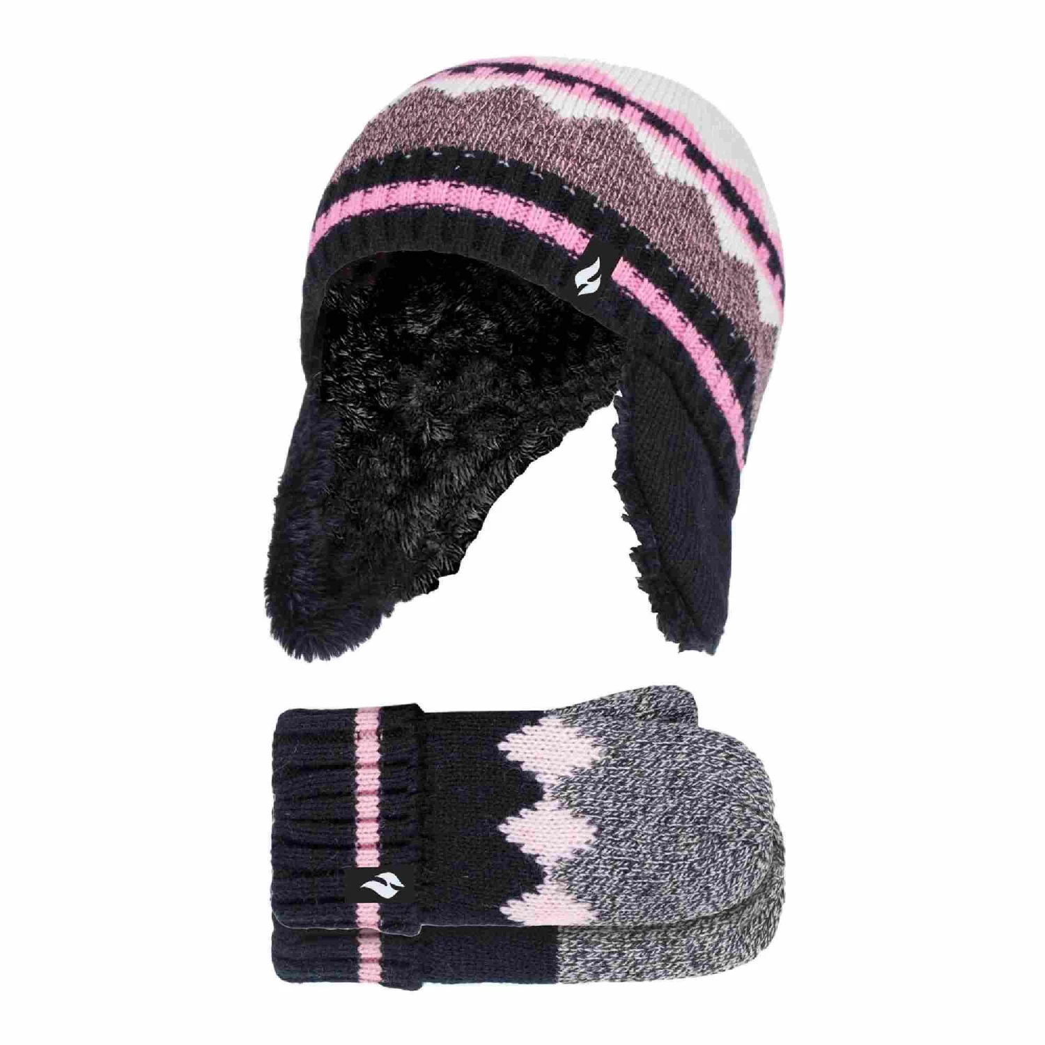 Girls Nordic Pattern Trapper Hat With Pom Pom And Mittens Set 3 Girls Nordic Pattern Trapper Hat With Pom Pom And Mittens Set