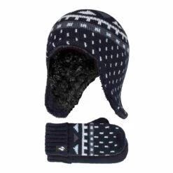 Boys Outdoor Faux Fur Pom Pom Hat With Ear Flaps & Mittens Gloves
