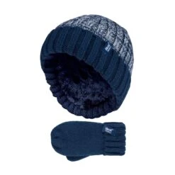 Kids Boys Winter Knitted Thermal Fleece Lined Cuffed Beanie Hat And Mittens Set